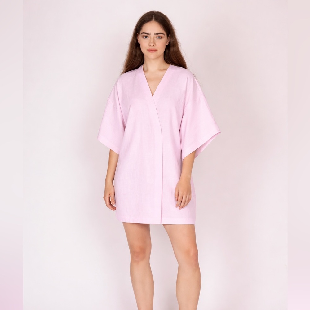 BULGARIAN LINEN ROBE PINK SMALL HIGH QUALITY NEW NWOT LINGERIE SHORT MIDI KNEE